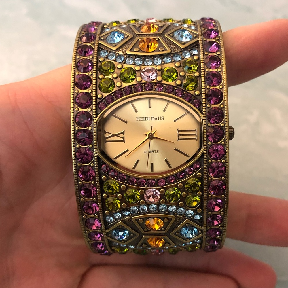Heidi Daus DIVINELY DECO Art Deco crystal cuff watch bracelet NEEDS NEW BATTERY